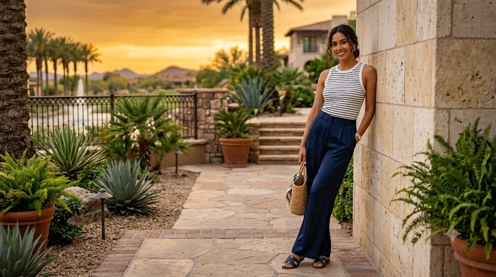 Striped Knit Tank & Fluid Navy Silk Pants